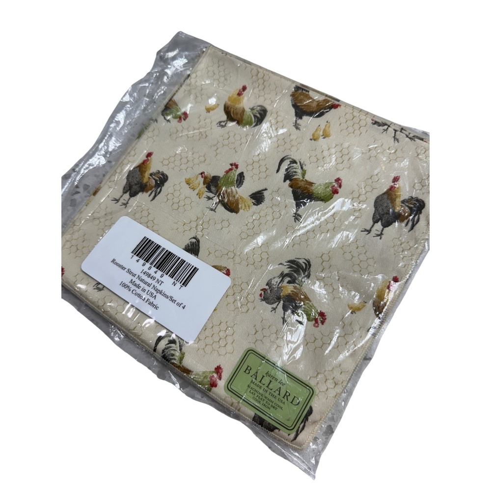 Karen Lee Ballard NEW Rooster Strut Napkins Set of 4 Natural Cotton NEW USA